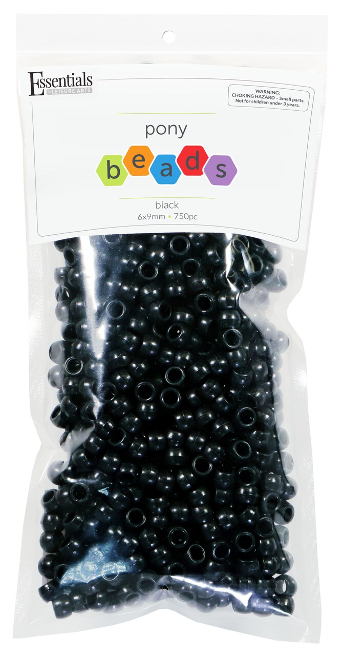 Essentials by Leisure Arts Pony Bead 6mm x 9mm Neutral Black Opaque Plastic Pony Beads Bulk 750 pieces for Arts, Crafts, Bracelet, Necklace, Jewelry Making, Earring, Hair Braiding